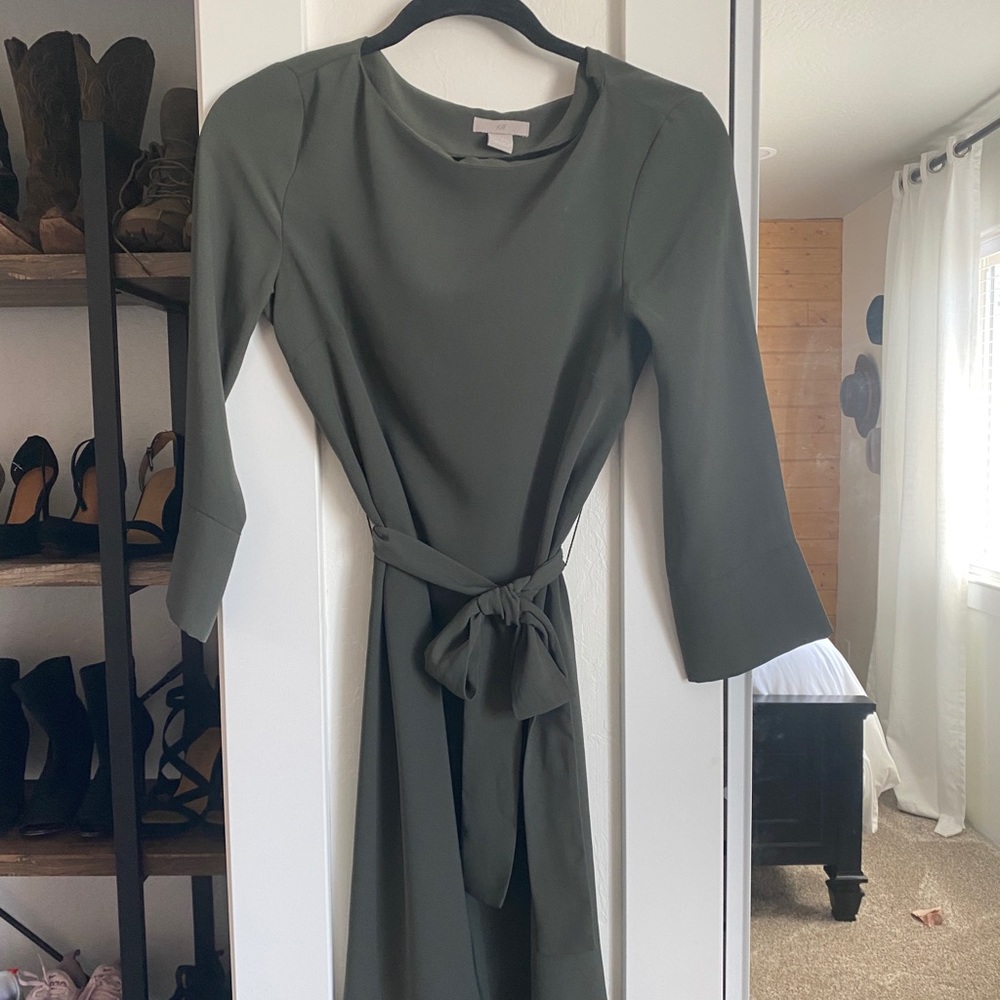 Army, olive green dress. High neck. Close fitted